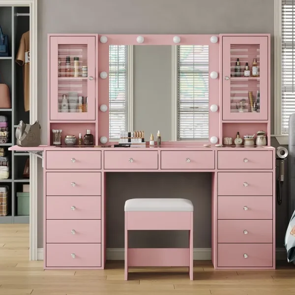 Vanity with Power Outlet, Vanity Desk with Mirror and 10 LED Lights, Makeup Vanity with 12 Drawers and 2 Cabinets, Fold - up Panel, Glass Top Vanity Table with Chair for Bedroom