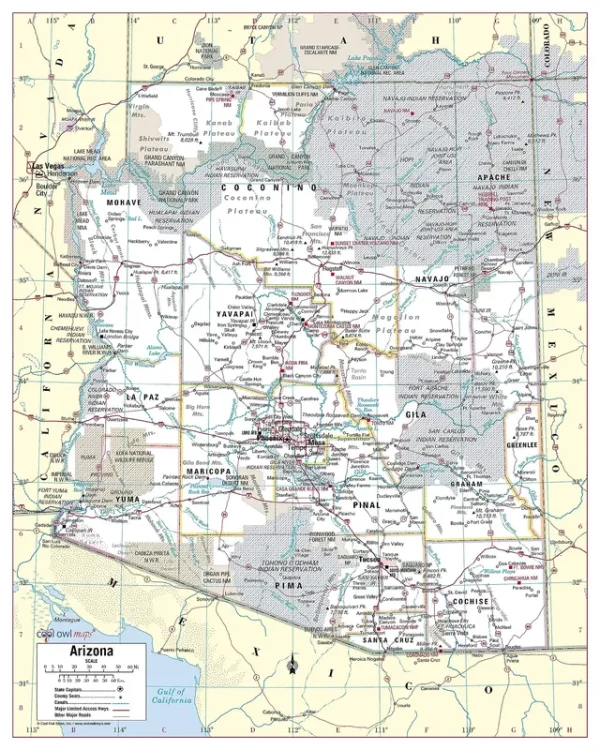 Cool Owl Maps Arizona State Wall Map Poster Rolled (Laminated 24"x30")