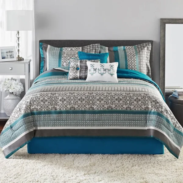 Mainstays Princeton Teal Stripe 7 Piece Comforter Bedding Set Size: Full/Queen