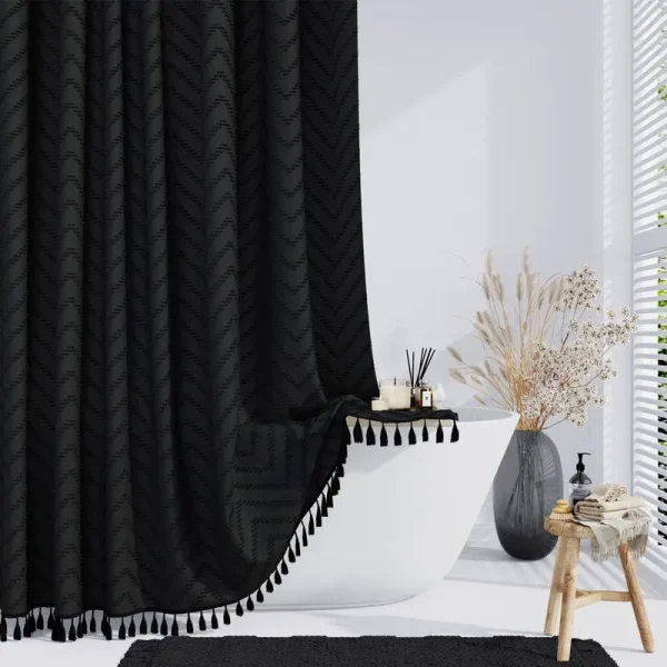 Dynamene Boho Farmhouse Shower Curtain, Black Fabric Tufted Chevron Striped Textured Tassel Shower Curtains for Bathroom, Water Repellent, Minimalist