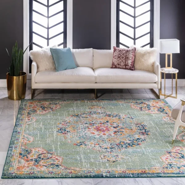 Unique Loom Carrington 6 ft Square Green Bohemian, Floral Area Rug