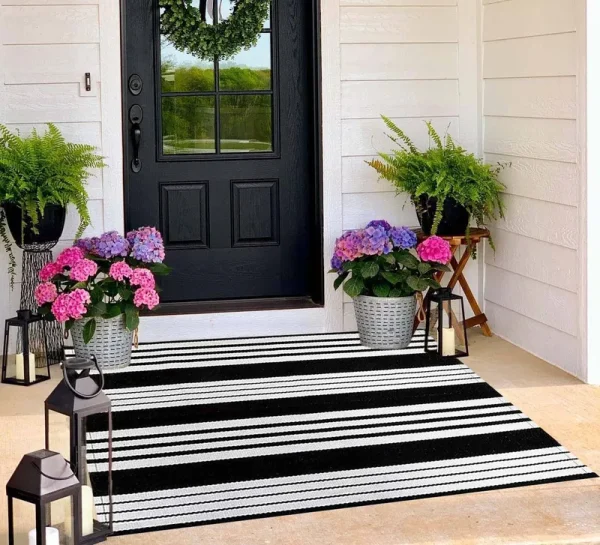 BUAGETUP Black and White Outdoor Rug 3'x 5' Hand-Woven Cotton Washable Rug Striped Front Porch Rug Machine Washable Indoor/Outdo
