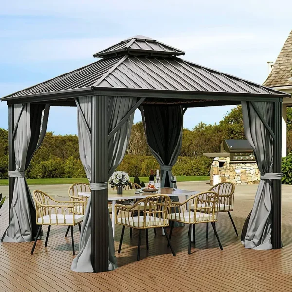 YITAHOME 10x10ft Hardtop Gazebo with Nettings and Curtains, Heavy Duty Double Roof Galvanized Steel Outdoor Combined of Vertical