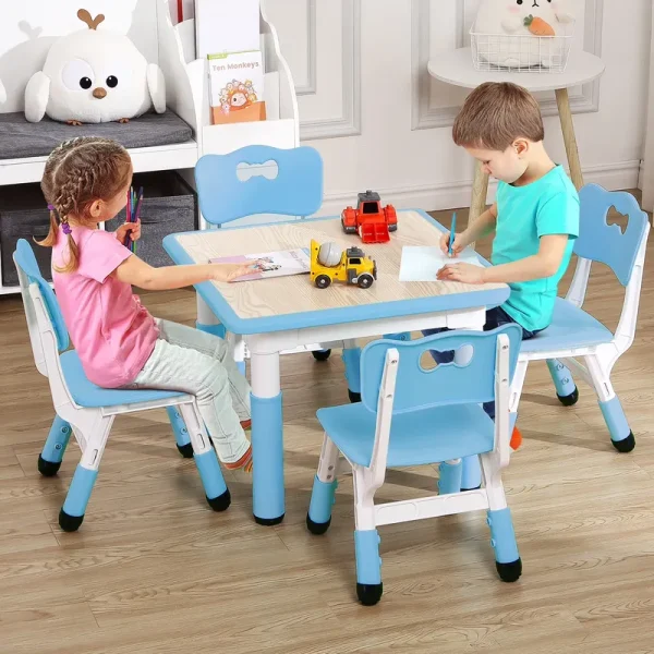 KATIDAP Kids Table and 4 Chairs Set, Height Adjustable Toddler Table and Chair Set, Graffiti Desktop, Classroom/Daycare/Home, Children Multi - Activity Table for Ages 2 - 8, Blue
