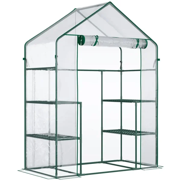 Outsunny 56" x 29" x 77" Mini Greenhouse, Walk-In Greenhouse, Garden Hot House with 4 Shelves, Roll-Up Door and Weatherized Cover, Deep Green