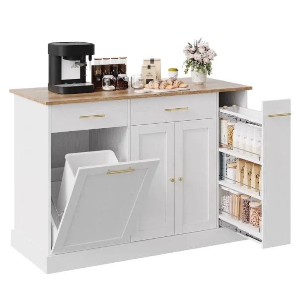Dreamcurship 52" Kitchen Island with Storage, Rolling Kitchen Cart Island with Wheels, Tilt Out Kitchen Trash Cabinet 10 Gallon Storage, 3 Large Spice Racks and 2 Drawers, White