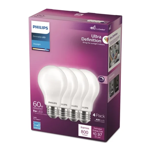 Philips 60-Watt Equivalent A19 Ultra Definition Dimmable E26 LED Light Bulb Daylight 5000K (4-Pack)
