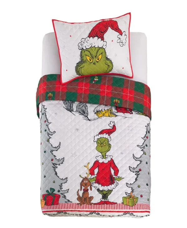 Franco Grinch by Dr. Seuss Holiday & Christmas Quilt Bedding Super Soft 2 Piece Pillow Sham and Quilt Set