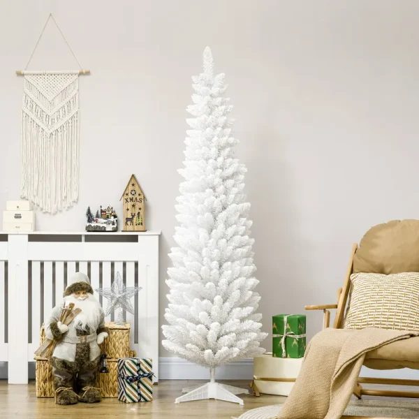 HOMCOM 6' Snow Flocked Artificial Pencil Christmas Tree, Slim Xmas Tree with Realistic Branches and Plastic Base Stand for Indoor Decoration, White