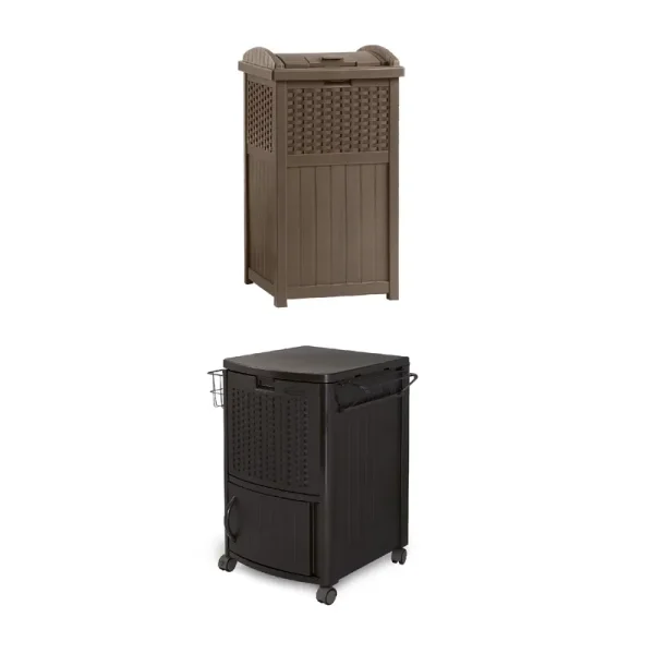 Suncast 77 Quart Patio Cooler W/ Cabinet and Basket W/ Wicker Trash Hideaway
