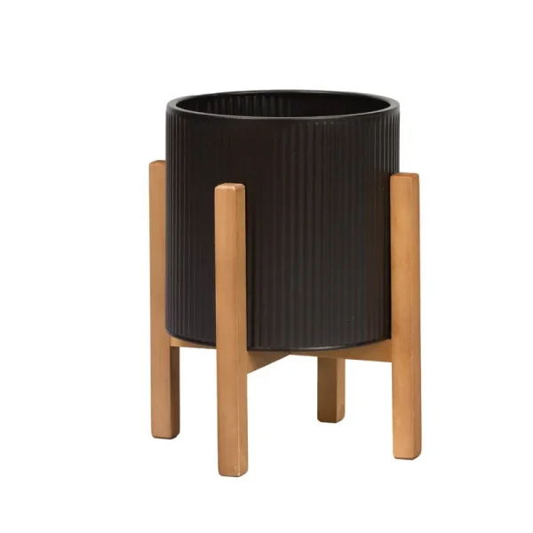 Everett Black Mid-Century Modern Indoor Pot Planter with 4-Leg Wood Base, Size: 12 inch x 10 inch