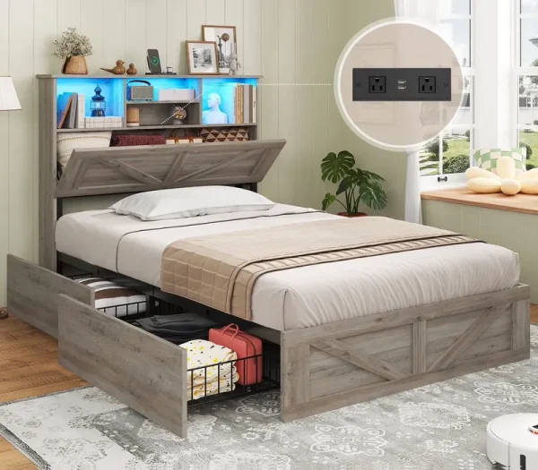 Twin Bed Frame with 4 Storage Drawers and Charging Station, Farmhouse Wooden LED Twin Bed with Storage Hidden Space Headboard and Metal Slats, Gray
