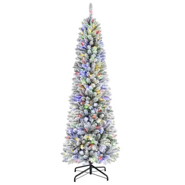 Shareconn 6ft Prelit Artificial Snow Flocked Pencil Christmas Tree with Remote & Timer, Premium Hinged Slim Tree with 240 Warm White & Multi-Color