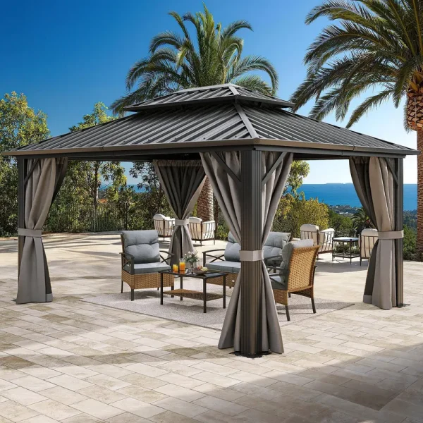 YITAHOME 10x12ft Hardtop Gazebo with Nettings and Curtains