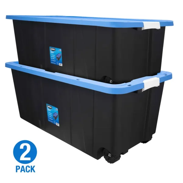 Hart 50 Gallon Rolling Plastic Storage Bin Container with Pull Handle, Black with Blue Lid, Set of 2