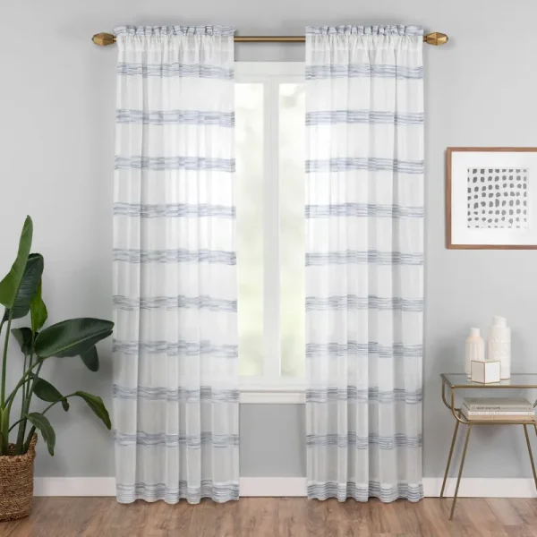 Vue Elements Kyoto 52" x 84" Striped Semi-Sheer Curtain Panel, Indigo