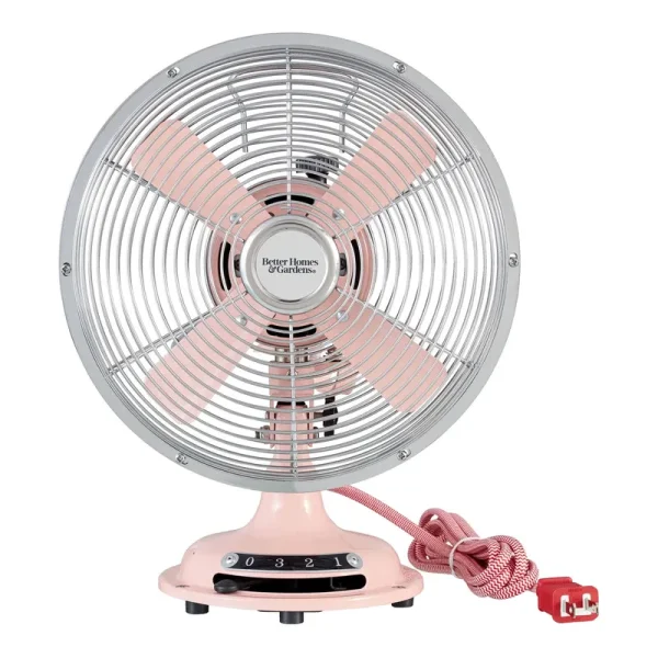 Better Homes & Gardens New 12 inch Retro 3-Speed Metal Tilted-Head Oscillation Table Fan Pearl Blush, Size: 12 inch
