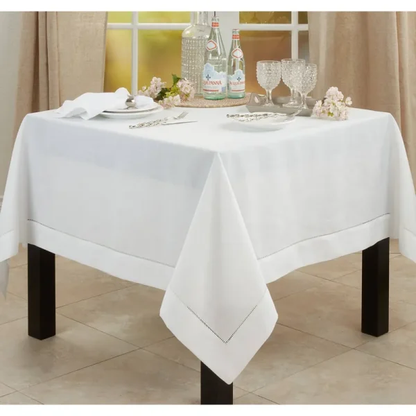 Saro 6300.W60S 60 in. Square Classic Hemstitch Border Tablecloth White