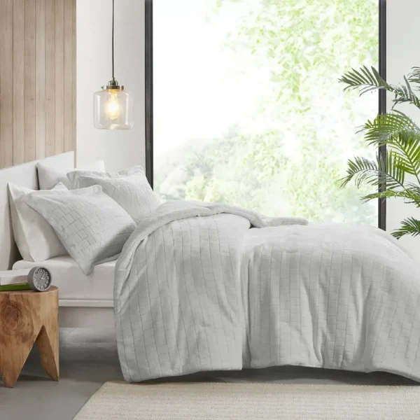 True North by Sleep Philosophy - Laurie Plush to Sherpa Comforter Set - King/Cal King - Grey