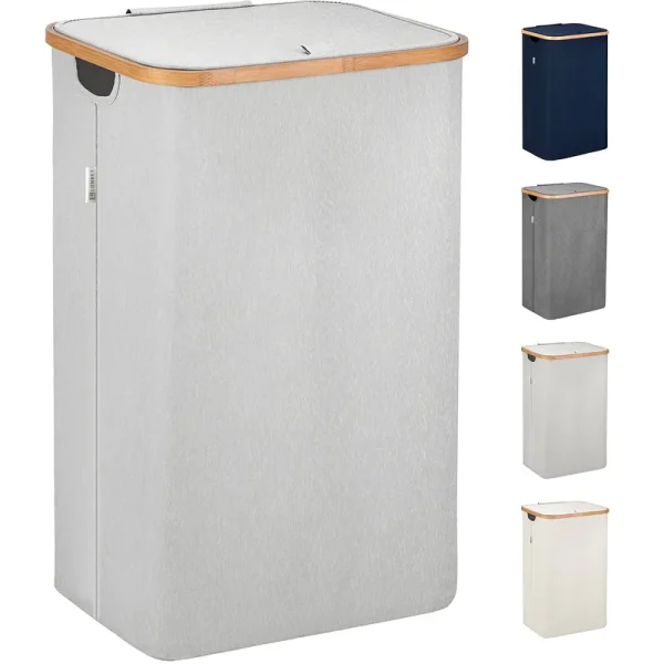 Lonbet - Laundry Hamper with Lid Cover - Sturdy Tall Bamboo Laundry Basket Clothes Organizer - Bedroom Fabric Bin - Big Bathroom Dirty Clothes