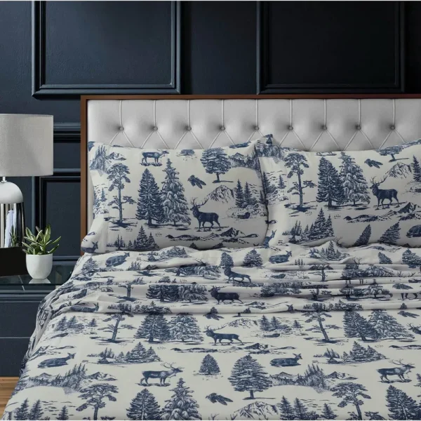 Mountain Toile Heavyweight 200-GSM Cotton Flannel Printed Extra Deep Pocket Sheet Set Size: California King Blue