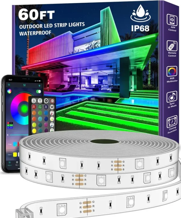 AILBTON 60 ft Outdoor LED Strip Lights Waterproof with Self-Adhesive back,IP68 Outside LED Light Strips Waterproof with Bluetooth App Re