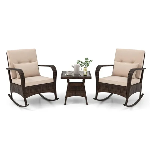 3-Piece Outdoor Wicker Rocking Chair Set, Rattan Bistro Rocker Furniture with Cushions & Pillows, Tempered Glass Coffee Table for Porch Balcony