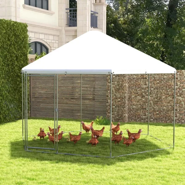 13FT Large Metal Chicken Run, Hexagon Chicken Coop Walk-in Poultry Cage with Waterproof Cover & Lockable Door for Outdoor Backyard Farm