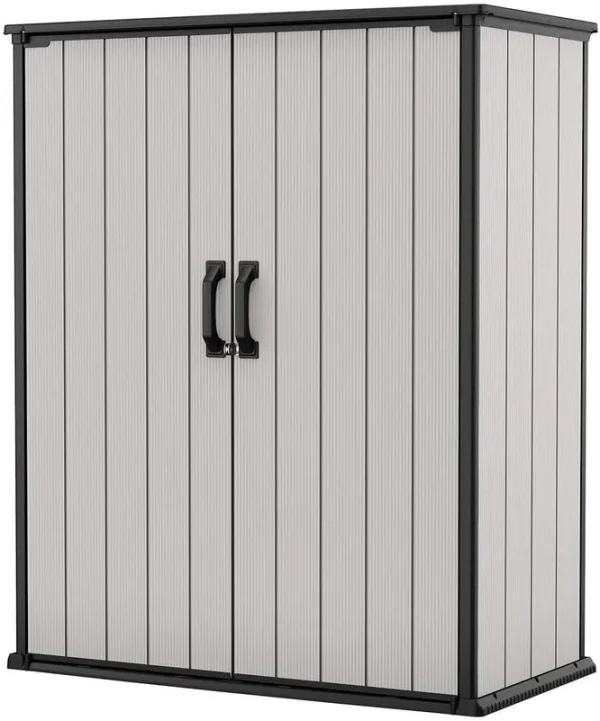 Keter Premier Tall Vertical Durable Resin Outdoor Storage Shed with Floor and Locking Double Doors, Grey