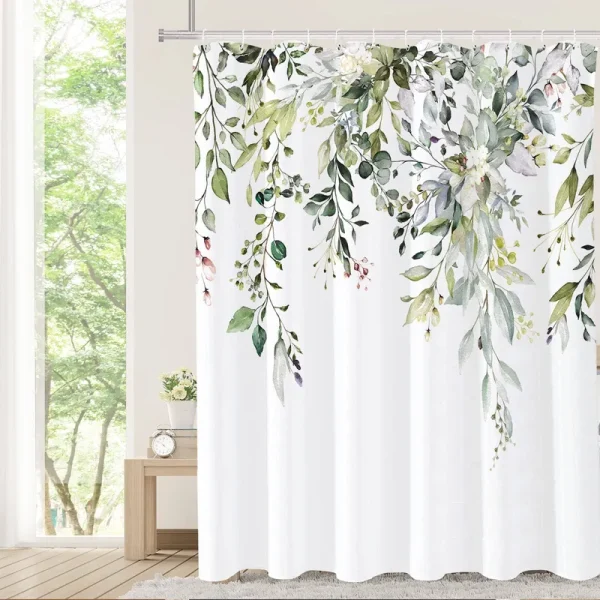 Tititex Green Eucalyptus Shower Curtain, Watercolor Leaves on The Top Plant with Floral Bathroom Decoration Shower Curtain Sets 72x72 inch with Hooks