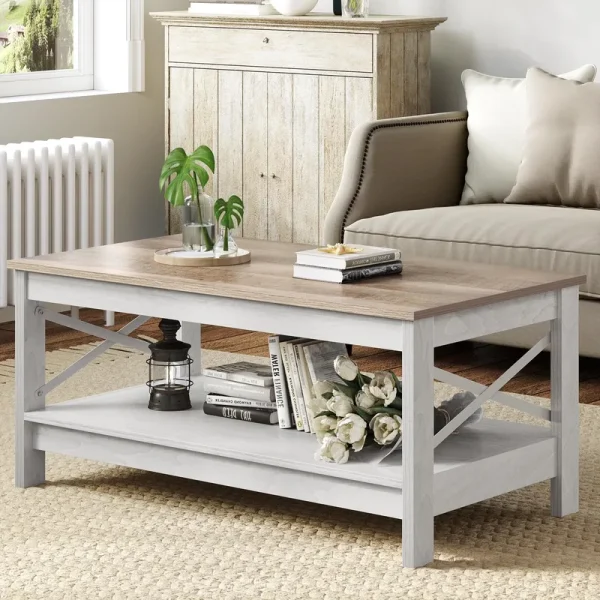 Moasis Farmhouse Coffee Table with Storage 2 - Tier Center Table for Living Room Grey Wash Top+White