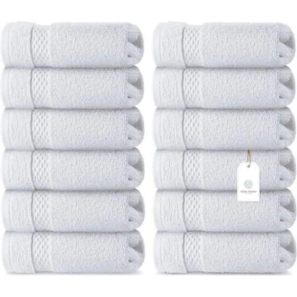 White Classic Luxury 100% Cotton Washcloths Set of 12 - 13x13" White