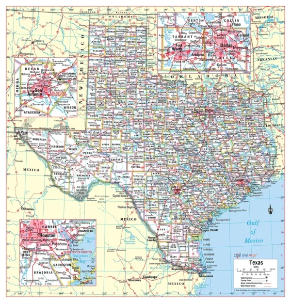 Cool Owl Maps Texas State Wall Map Poster Rolled (Laminated 24"x25")