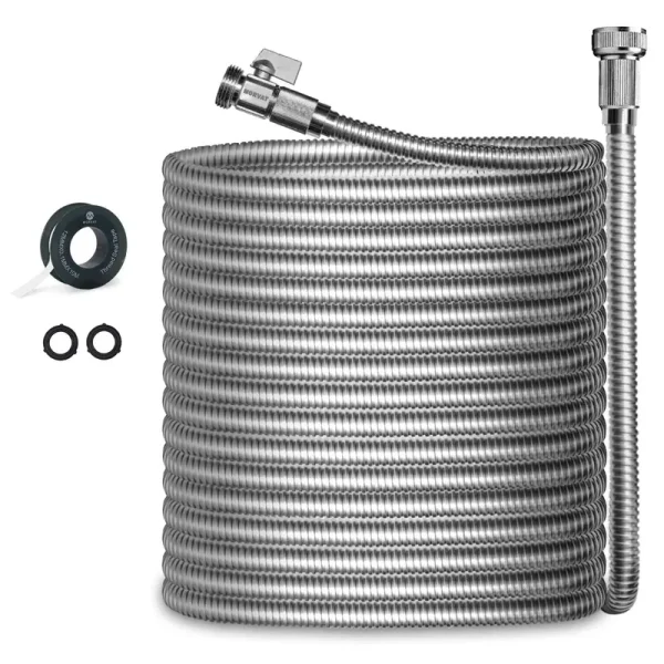 Morvat 50 Foot Stainless Steel Garden Hose with Shut-Off Valve, Garden Hose Stainless Steel 50ft, Resistant to Tangles and Punctures, Heavy Duty