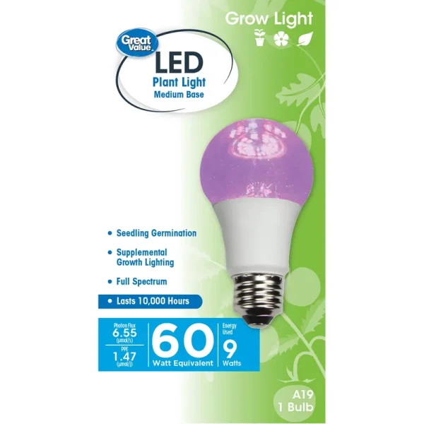 Great Value LED, 9 Watts (60W Equivalent) A19 Grow Light E26 Medium Base, Non-Dimmable, Plant, 1-Pack