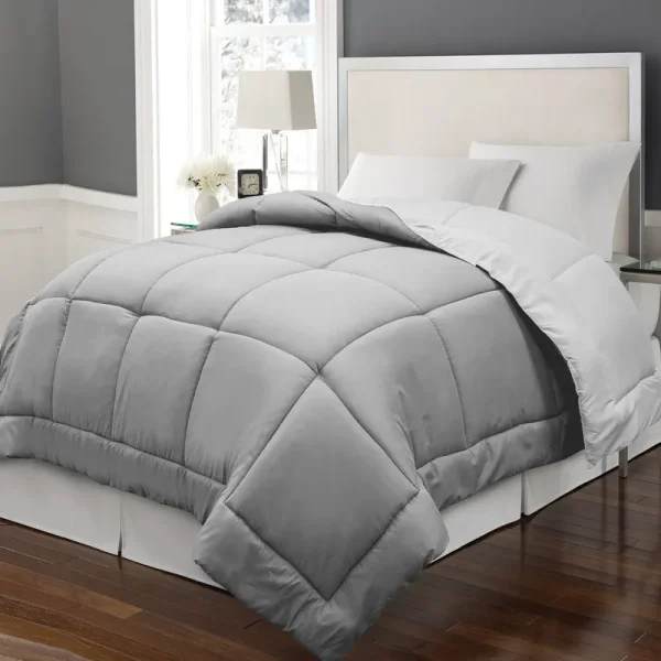 Full/Queen Reversible Microfiber Down Alternative Comforter White/Gray - Blue Ridge Home Fashions