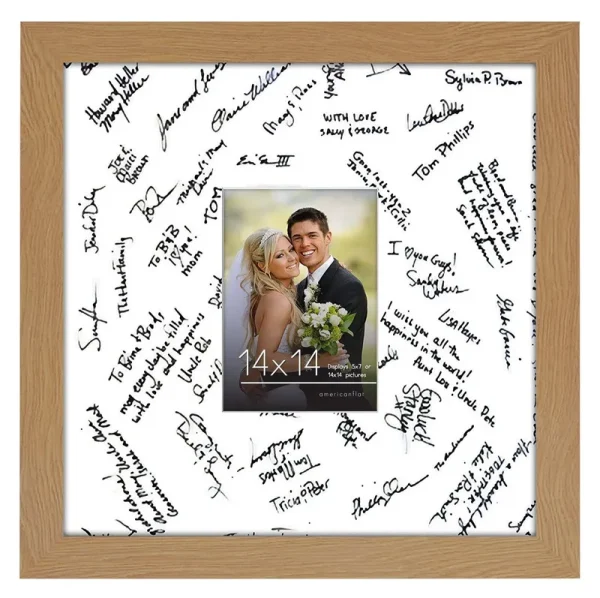 Americanflat 14x14 Oak Wedding Signature Picture Frame Displays 5x7 Photo with Polished Glass