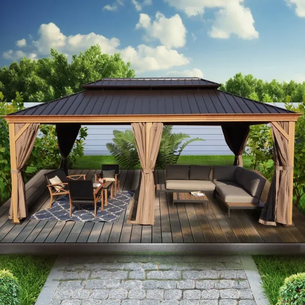 Kozyard Apollo 12 ft. x 20 ft. Wood Like Aluminum Hardtop Gazebo with Galvanized Steel Roof and Mosquito Net