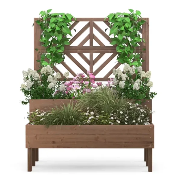 GVN Outdoor Raised Garden Bed, Yard Gardening Bed, 2 - Tier Raised Garden Bed with Trellis - Brown