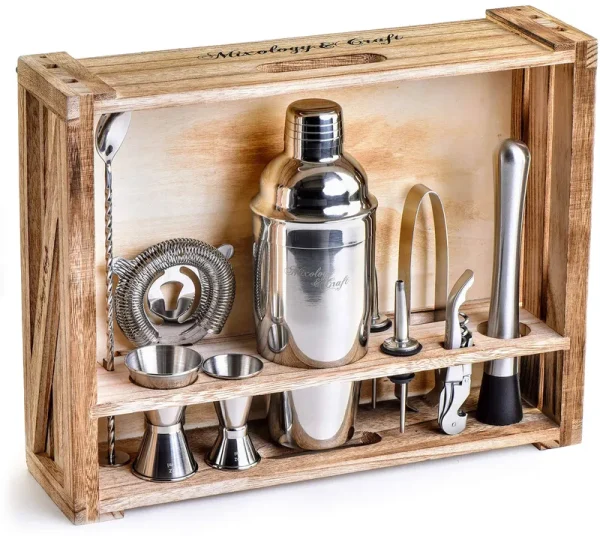 Mixology Bartender Kit with Rustic Wood Stand | 11-Piece All-inclusive Bar Set (Silver)