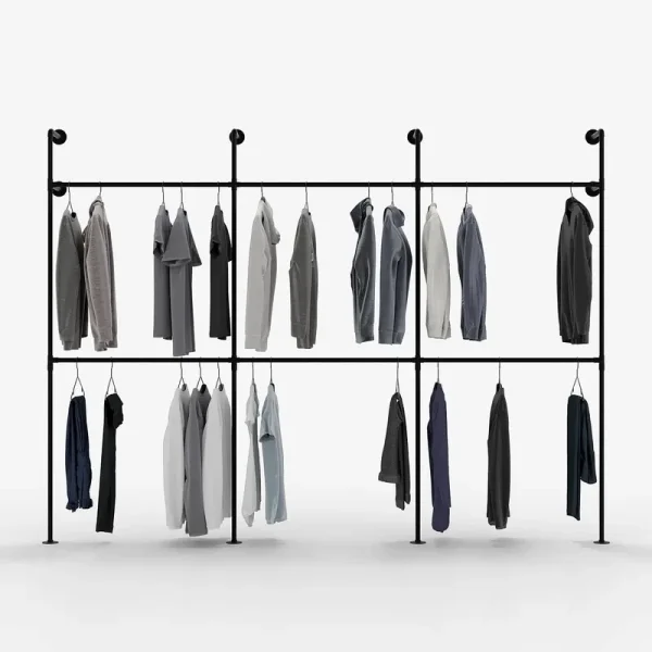 Pamo Kim III Double Industrial Pipe Clothing Rack for Wardrobe Bedroom Black