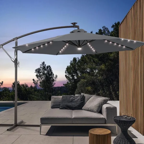 10 ft. Backyard Outdoor Patio Cantilever Umbrella with LED Lights, Round Canopy, Steel Pole and Ribs, Anthracite