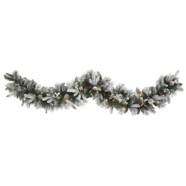Nearly Natural 6ft. Flocked Mixed Pine Artificial Christmas Garland with 50 LED Lights, Pine Cones and Berries