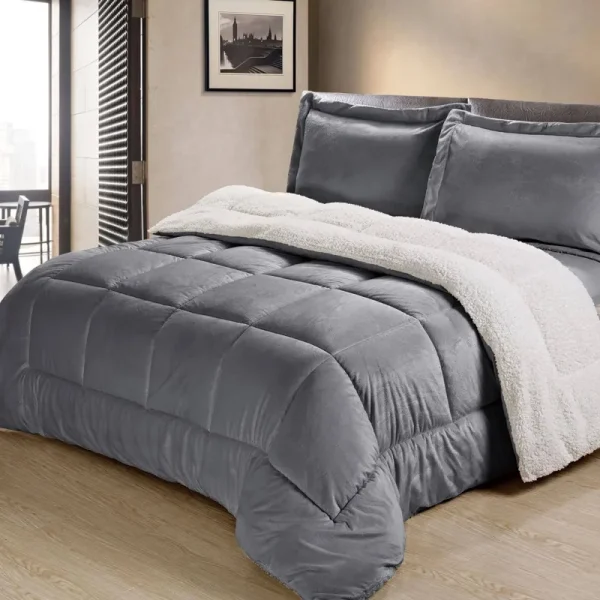 Home Luxurious Sherpa Faux Fur Comforter Set Full Pewter