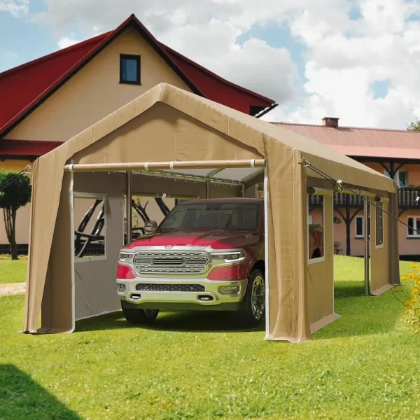 12x20 Heavy - Duty Carport Canopy Tent with 4 Roll - up Doors & 4 Windows Waterproof UV - Protected Powder - Coated Steel Frame Removable Sidewalls Khaki