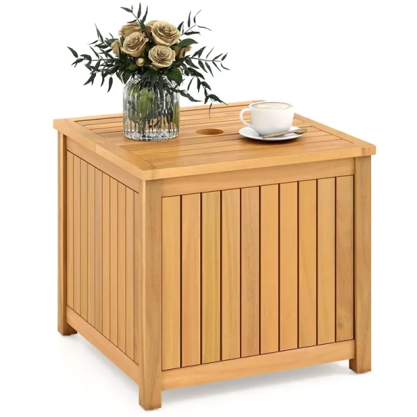 Tangkula 2-in-1 Outdoor Side Table with Storage Acacia Wood Slatted Coffee Table Square Slatted End Storage Box