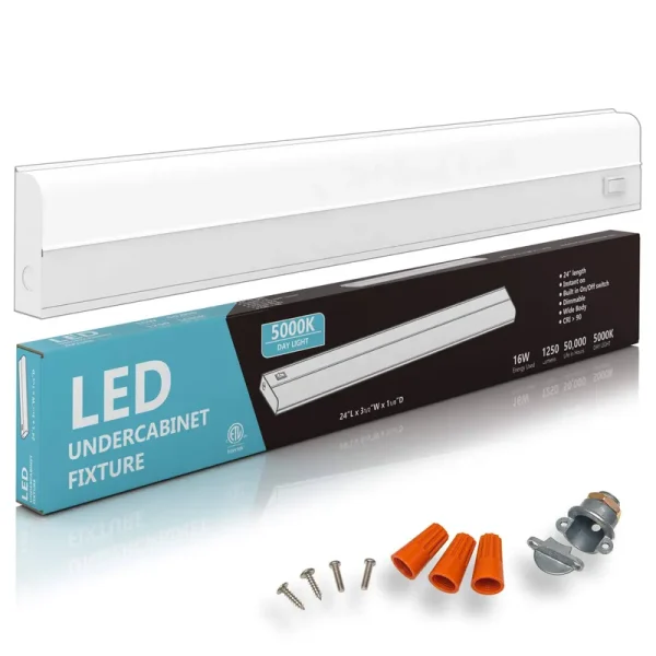 HARRRRD Hardwired LED Under Cabinet Task Lighting - 16 Watt, 24", Dimmable, CRI>90, 5000K (Day Light), Wide Body, Long Lasting Metal Base with Frost