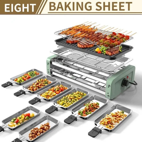 1500W Double Layer Indoor Electric Grill, Smokeless Kitchen Grill with 4/8 Cheese Plates, Non - Stick Removable Plates & Temp Control, Perfect for Family Dinner, BBQ, Easter Gift
