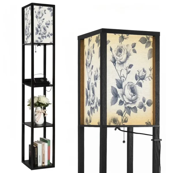 Floor Lamp with Shelves, Modern Dimmable Standing Lamp Floral Corner Display Bookshelf Lamp with 2 USB & 1 Power Outlet for Living Room & Bedroom