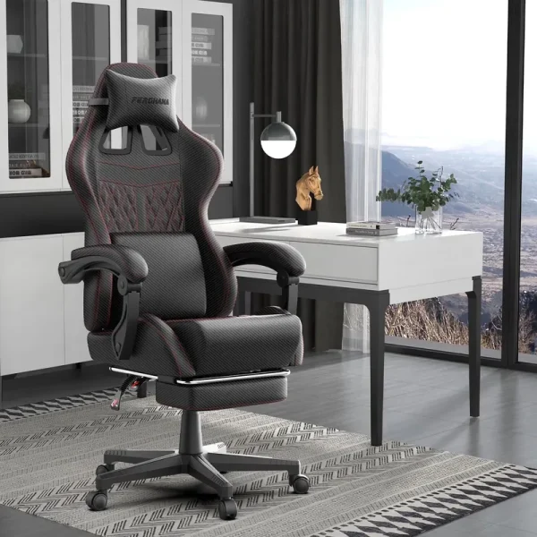 Luxvie Gaming Chair with Footrest Computer Ergonomic Office Chair with Massage Lumbar Support & Headrest, High Back Vintage Game Chair for Adults and Kids, Black